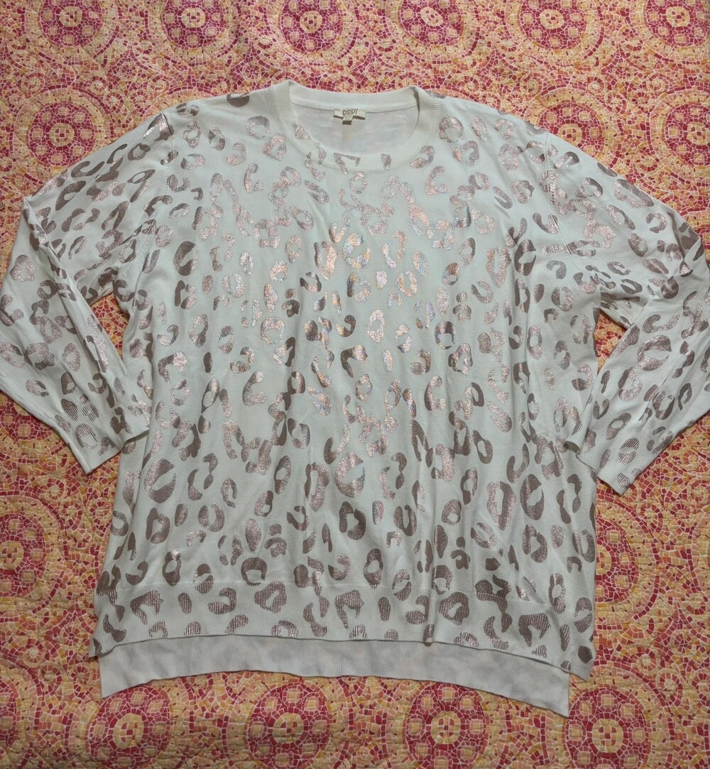 ODDY White Pink Metallic Foil Leopard Print Sweater Plus Size 2XL 3XL